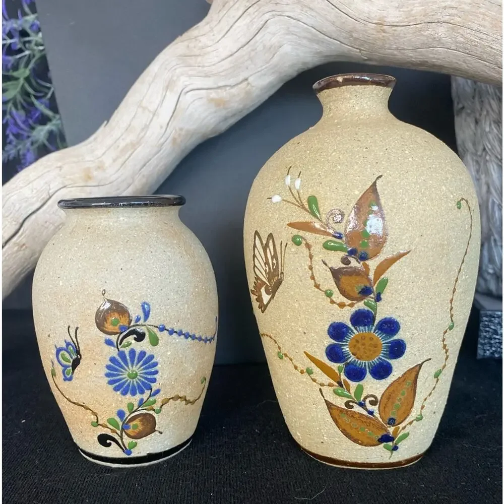 Set of 2 Mexican Mid 20th Century Sand Finish Pottery Vases. Hand painted.